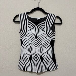 Vintage Osstinee Mesh Embroidered Elegant Black and White Tank